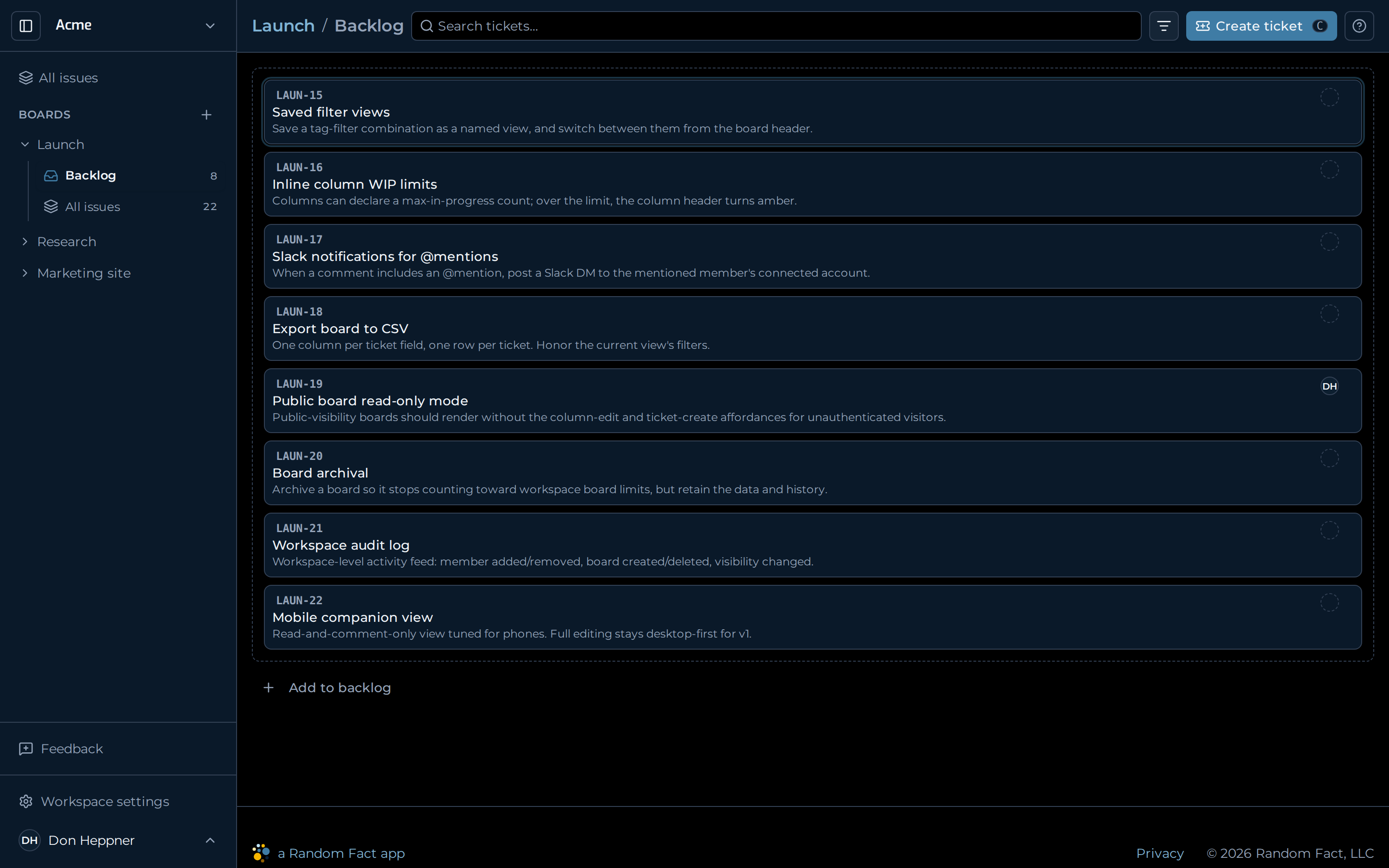 The Can backlog screen, with the backlog count badge visible in the workspace drawer.