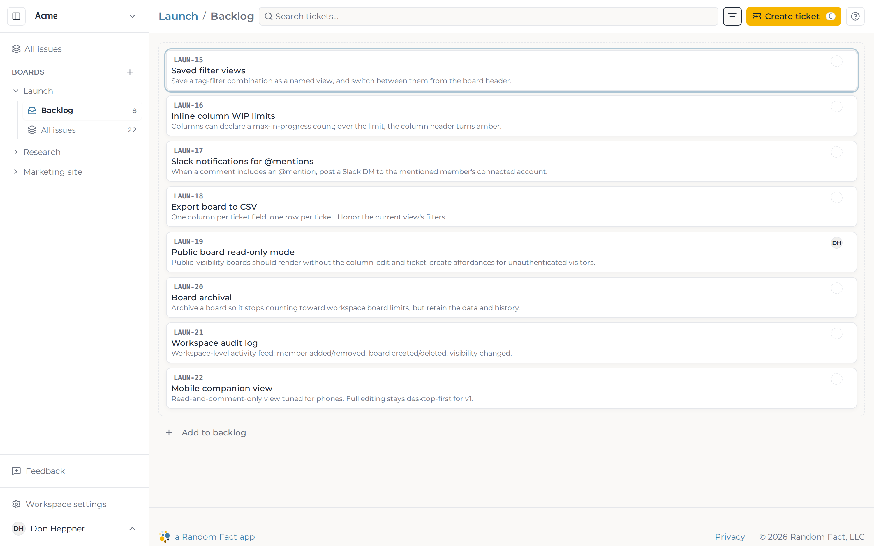 The Can backlog screen, with the backlog count badge visible in the workspace drawer.