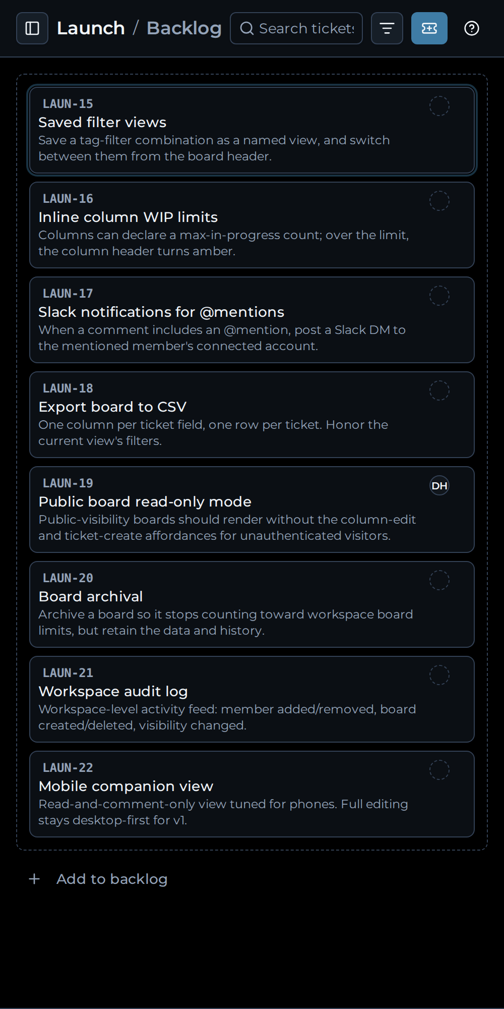 The Can backlog screen, with the backlog count badge visible in the workspace drawer.