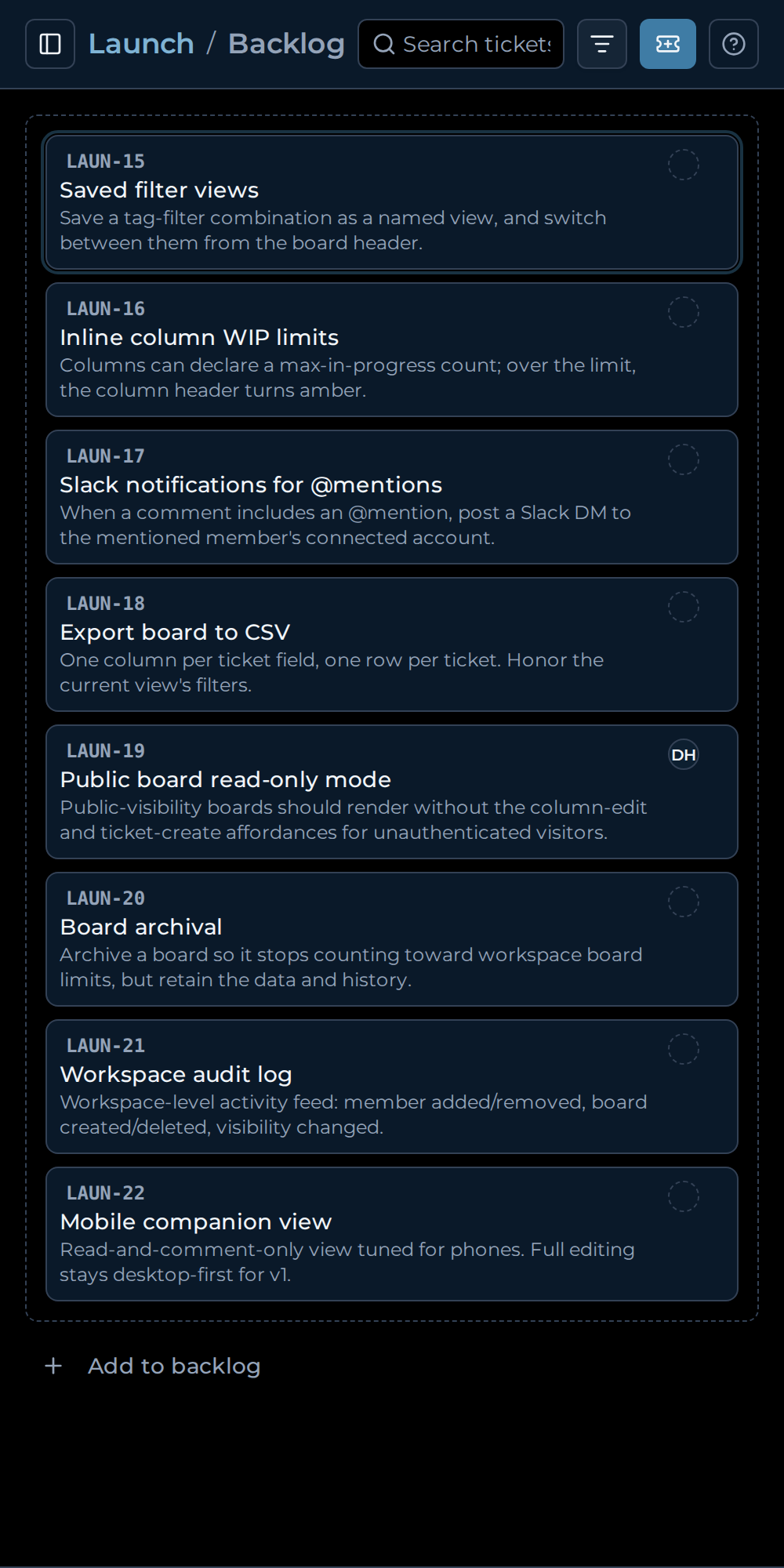 The Can backlog screen, with the backlog count badge visible in the workspace drawer.