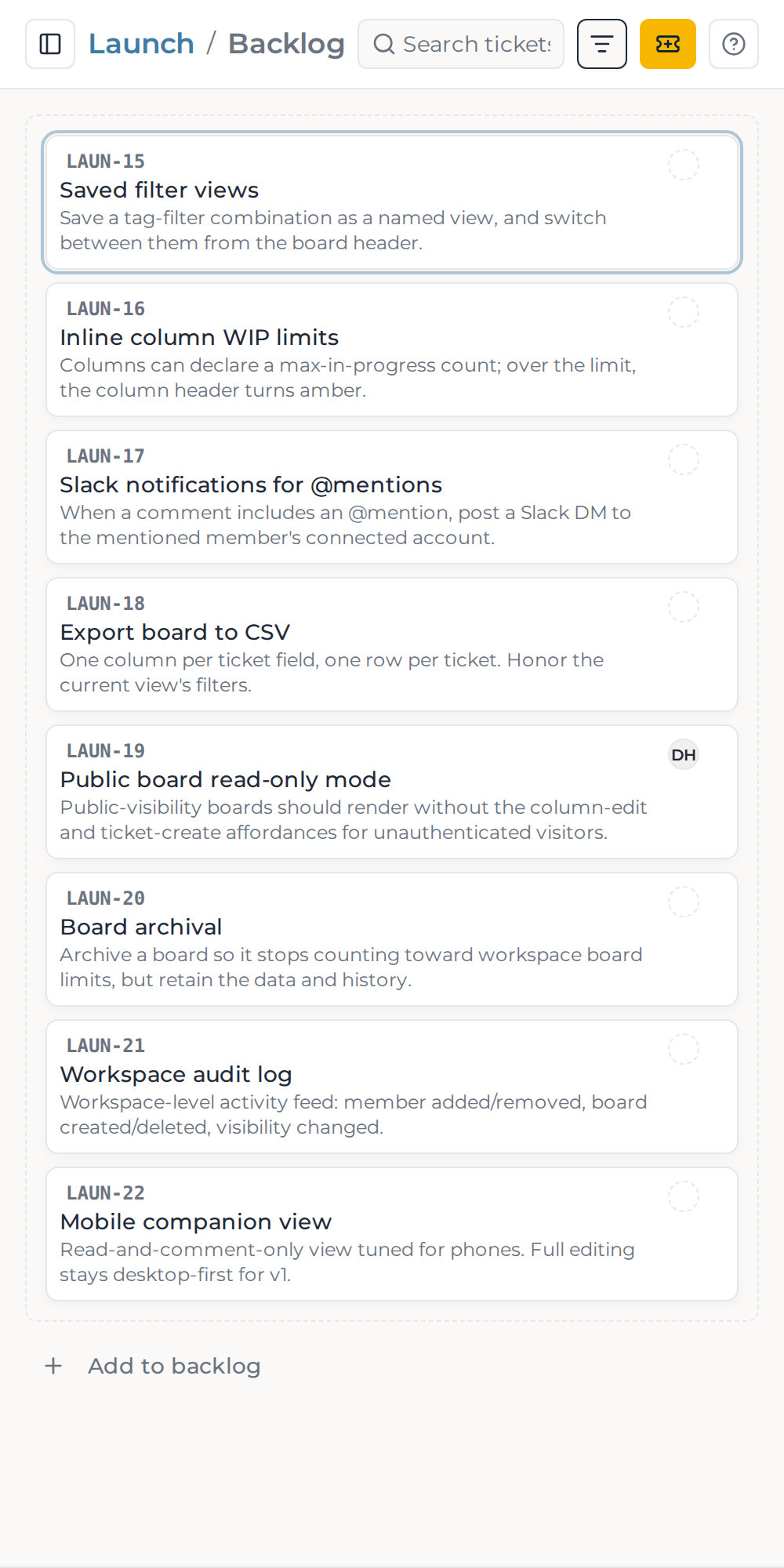 The Can backlog screen, with the backlog count badge visible in the workspace drawer.