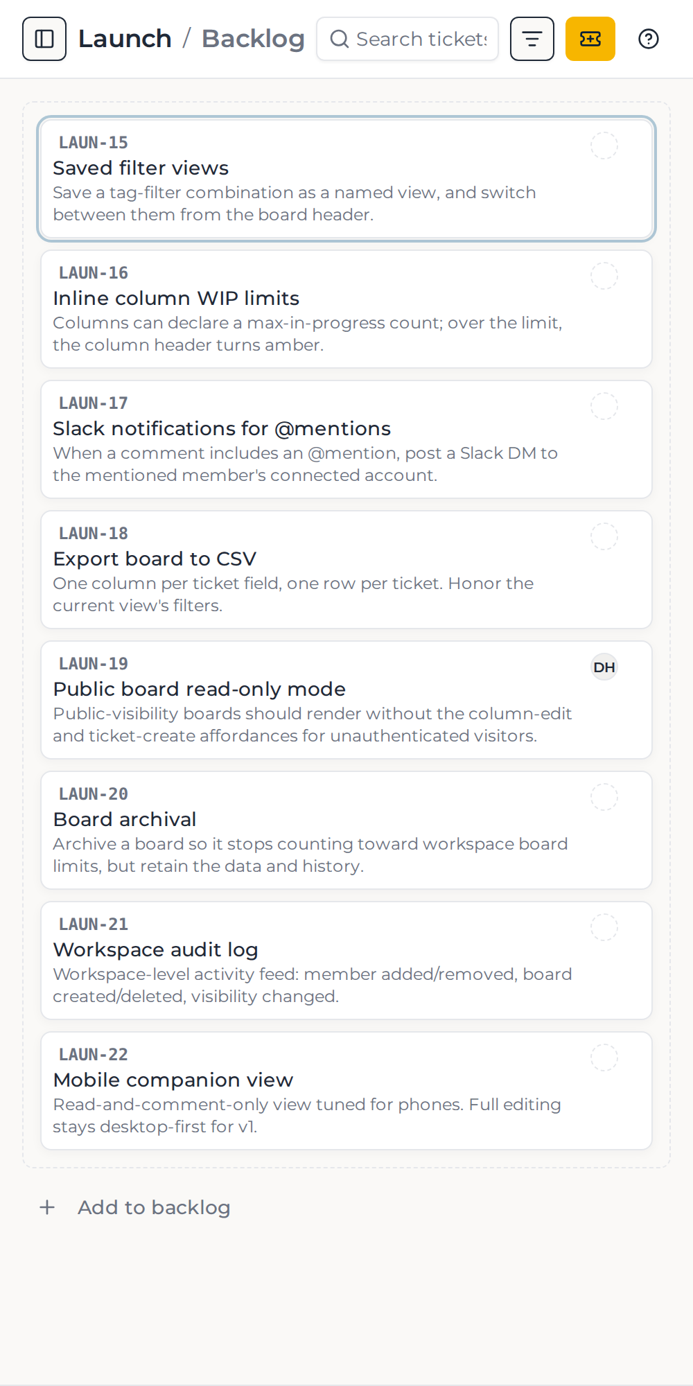 The Can backlog screen, with the backlog count badge visible in the workspace drawer.