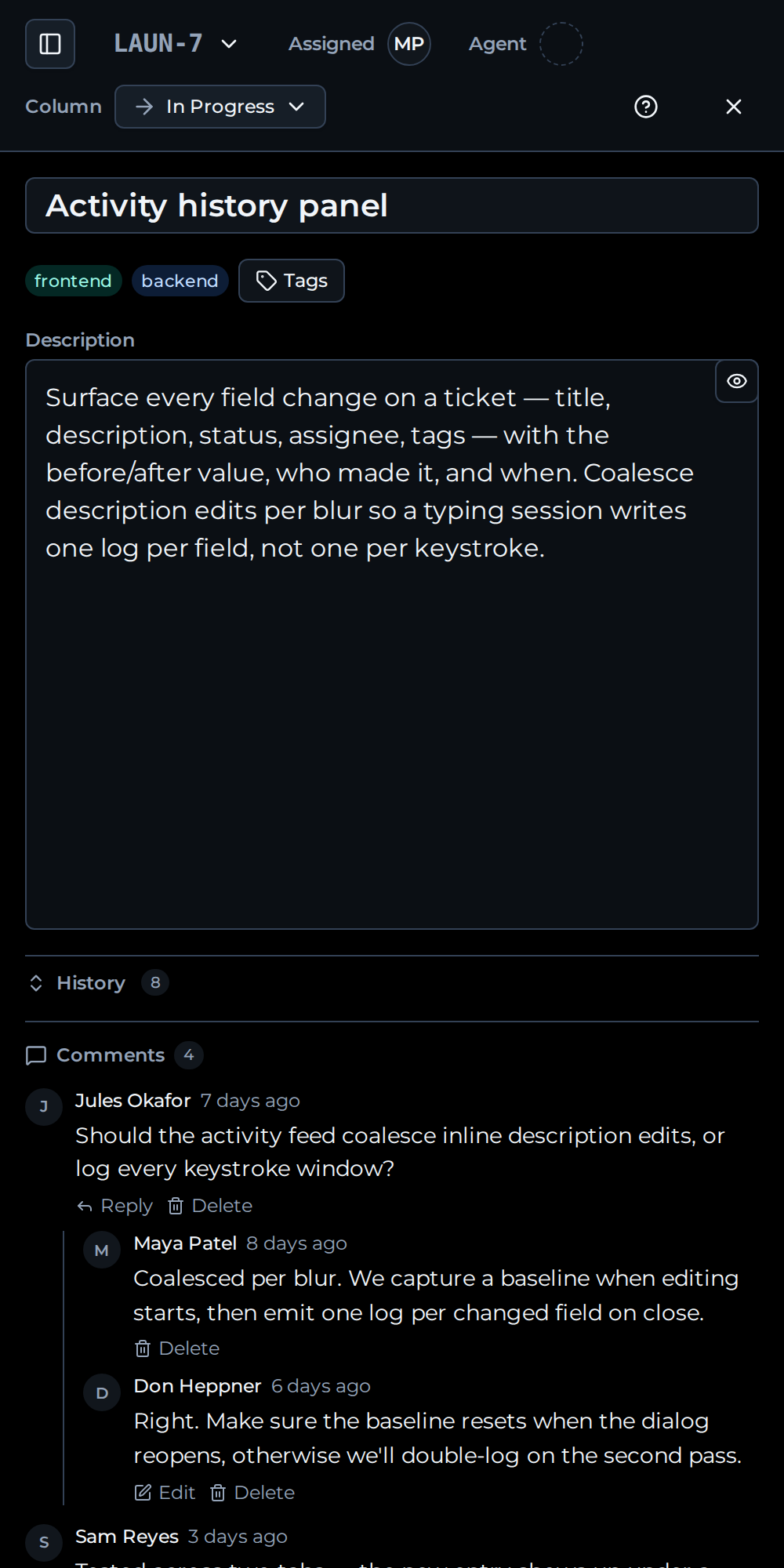 Two browser windows showing the same Can board, with a ticket update reflected on both, and a comment thread visible on a ticket.