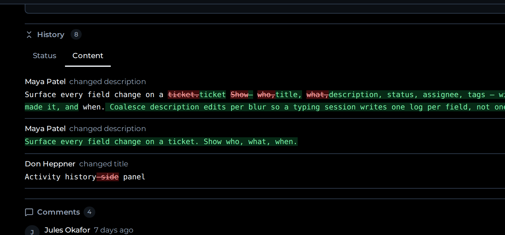 A Can ticket detail with the activity history panel showing a list of changes.