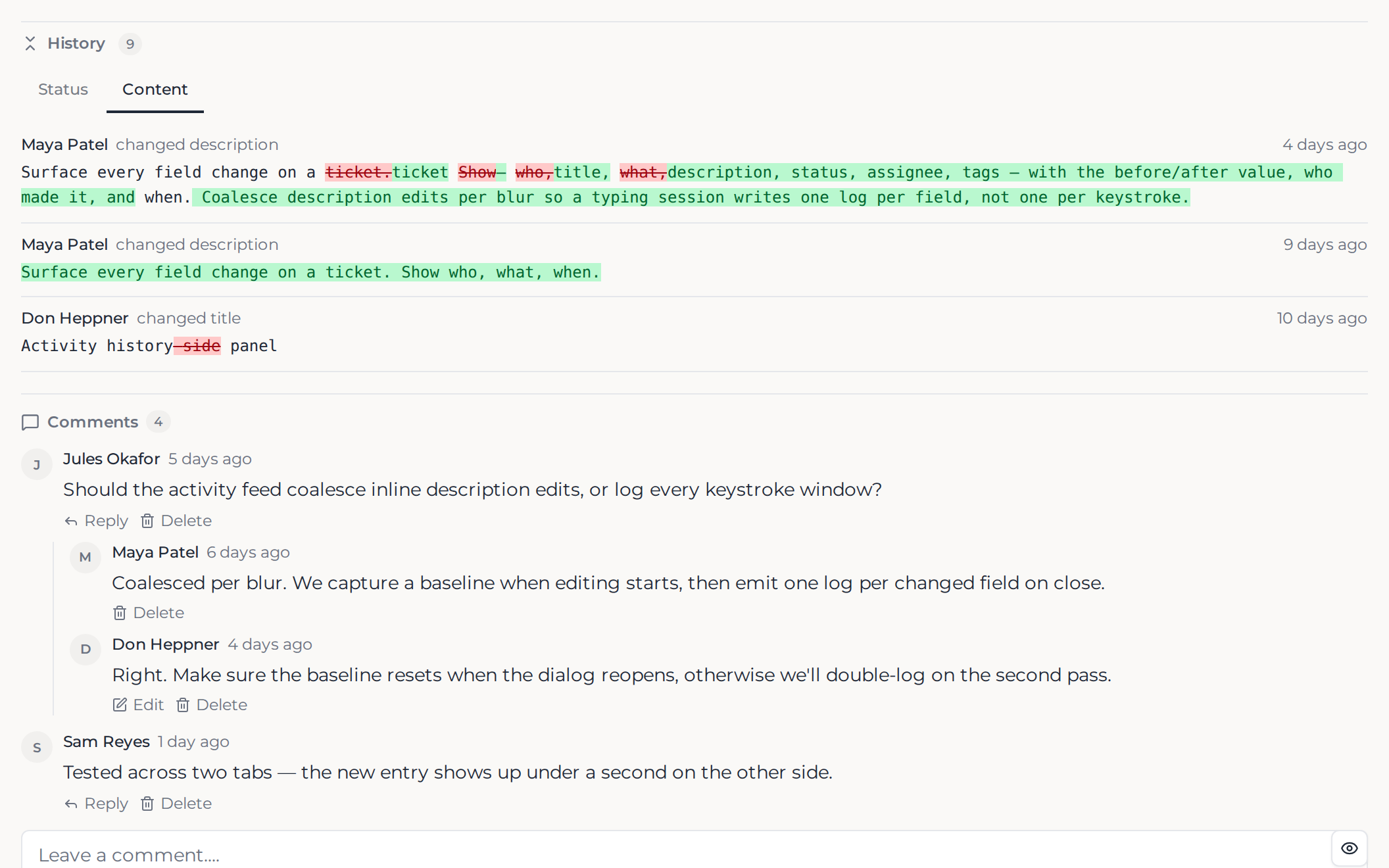 A Can ticket detail with the activity history panel showing a list of changes.