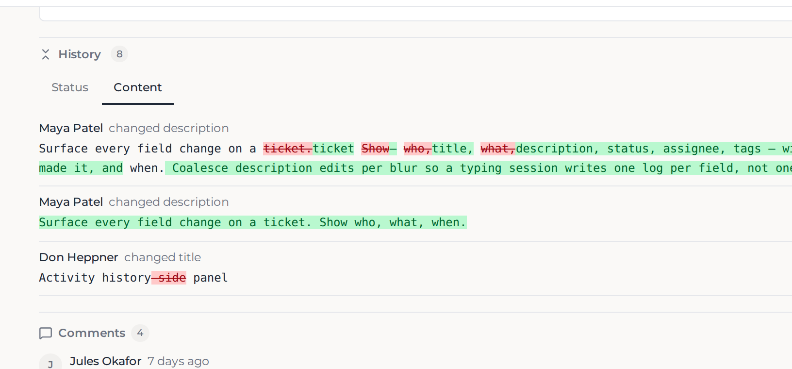 A Can ticket detail with the activity history panel showing a list of changes.