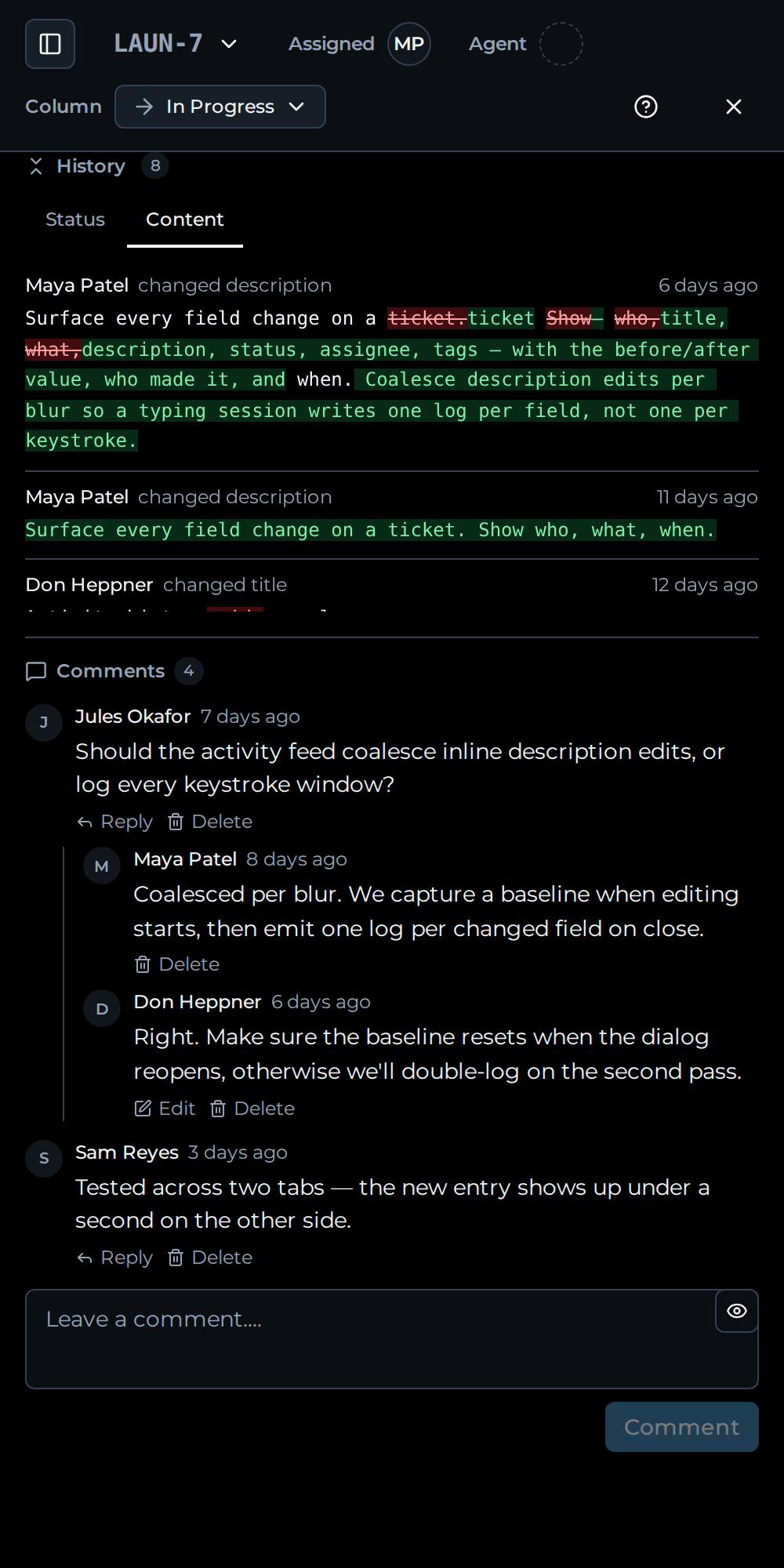 A Can ticket detail with the activity history panel showing a list of changes.