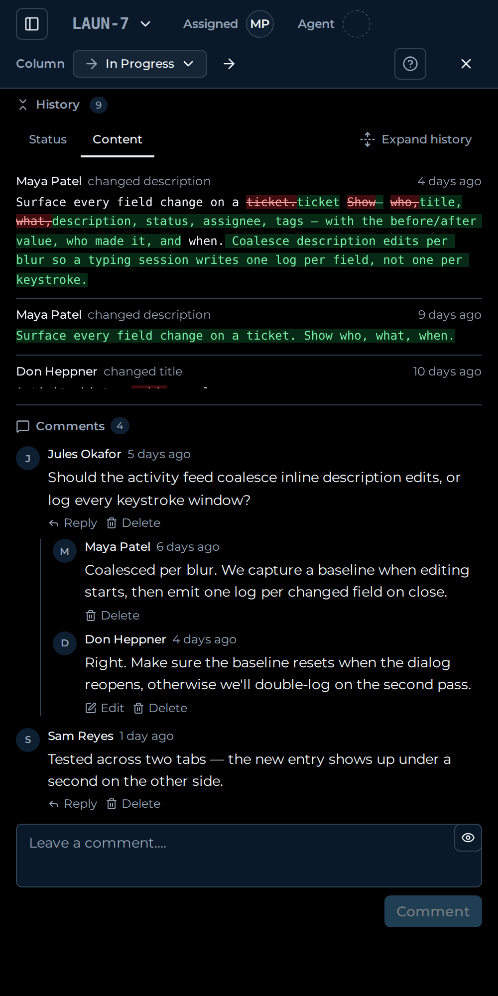 A Can ticket detail with the activity history panel showing a list of changes.