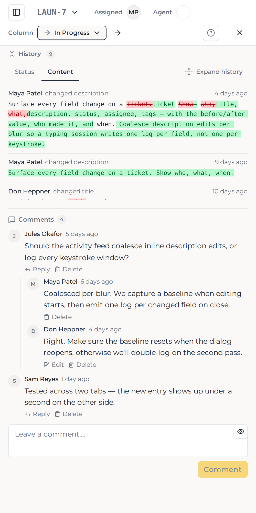 A Can ticket detail with the activity history panel showing a list of changes.